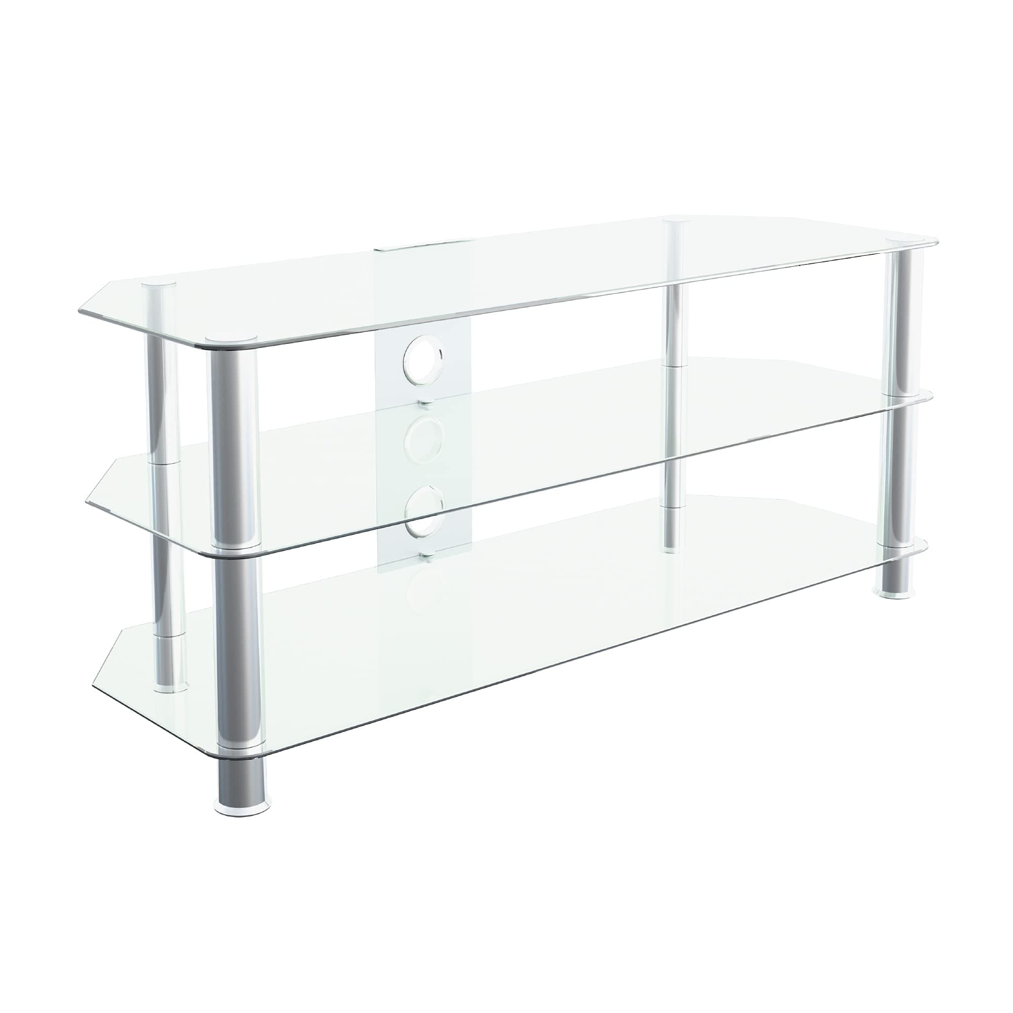 MAHARA Corner TV Stand – Universal TV Unit 114cm wide with Clear Glass Shelves and Cable Management – TV Floor Stand Suitable for up to 55” TVs and Max Weight 45Kg