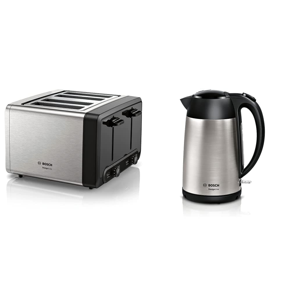 Bosch DesignLine Plus TAT4P440GB 4 Slot Stainless Steel Toaster with variable controls - Stainless Steel & TWK3P420GB Kettle, Stainless Steel, 3000 W, 1.7 liters, Silver