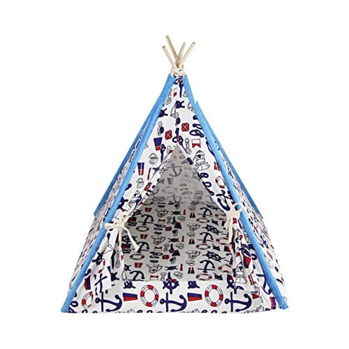 Elisanliving Canopy Teepee Indian Tent Bed for Dog Cat Small Animal Pet (Blue Anchor (Small))