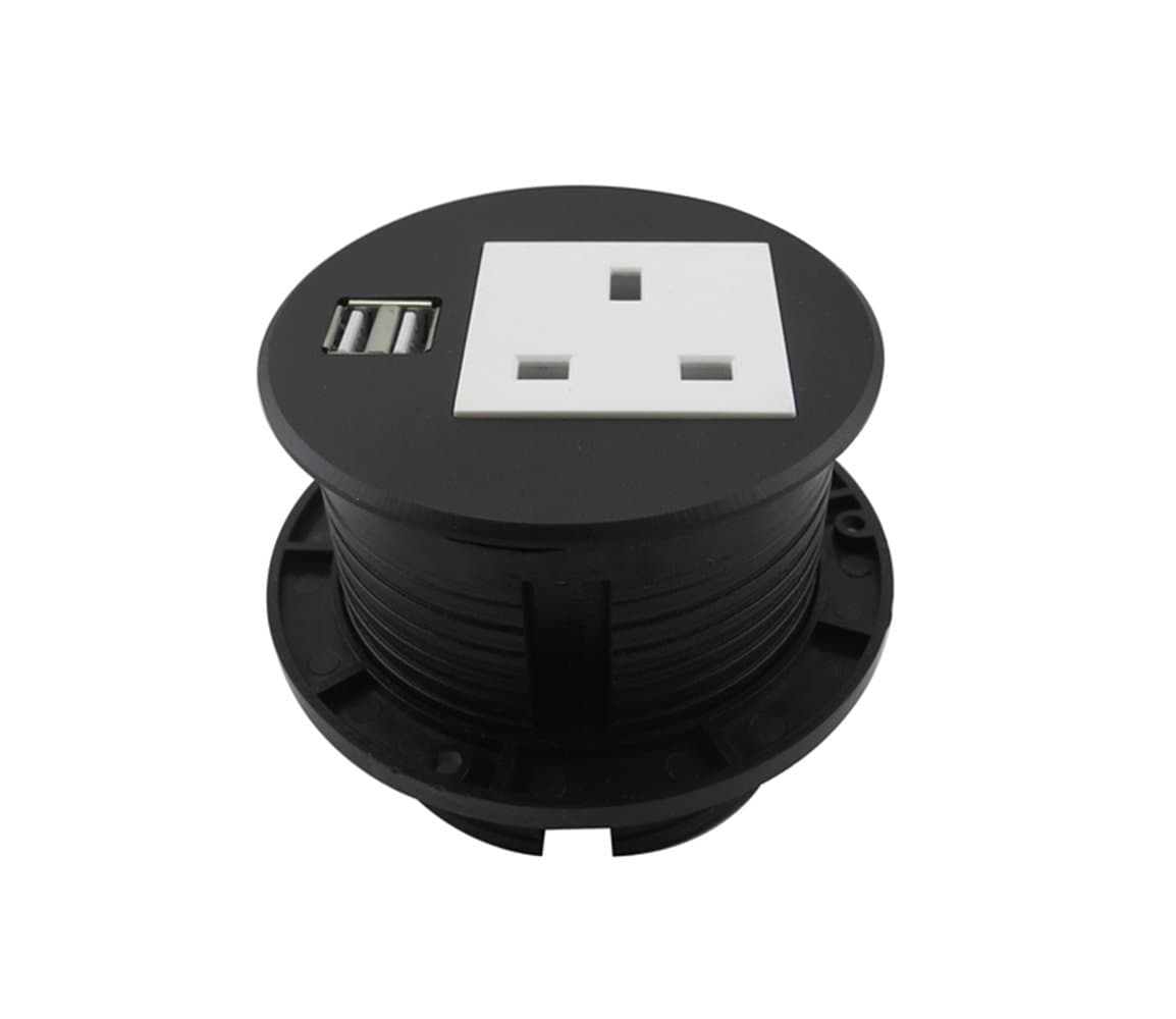 Power Data Hub Tap Grommet and Desk Outlet,Muzee Professional Power Data Tap Grommet Table Socket with 1 X AC Outlet and 2 X USB Port and 180mm Cable (Black)
