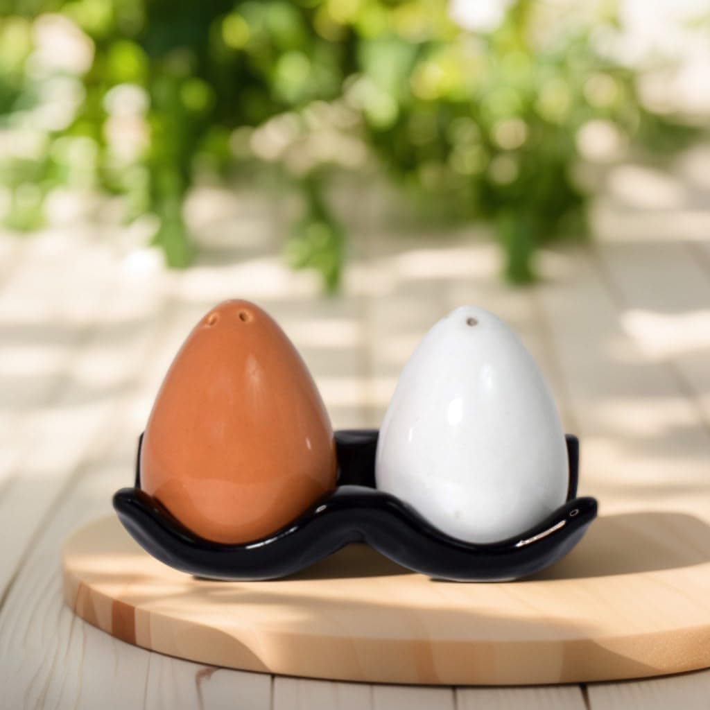 Handmade Ceramic Salt Pepper Set for Dining Table & Kitchen Ceramic Salt and Pepper Shakers Set Dispenser Set (60 ML) (Egg with Black Tray)