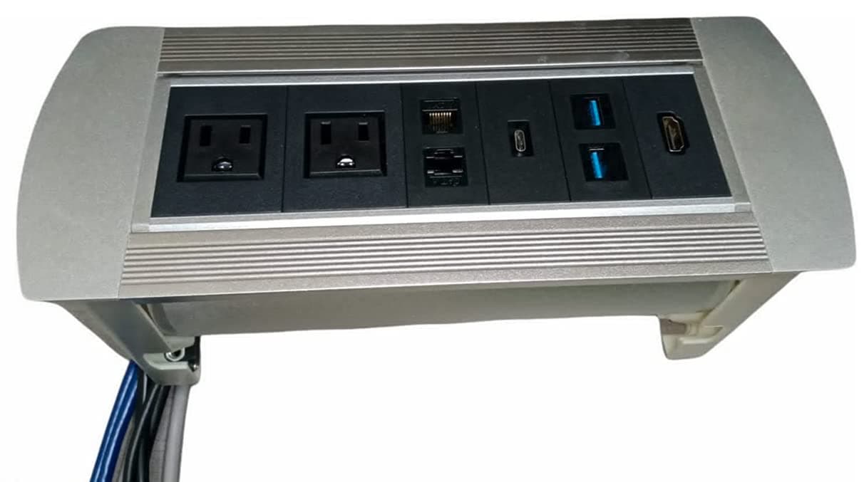 Conference Table Connectivity Box/Power Hub: 2 AC + 2 RJ45 CAT6 + 1 USB Type C + 2 USB Data 3.0 + 1 HDMI