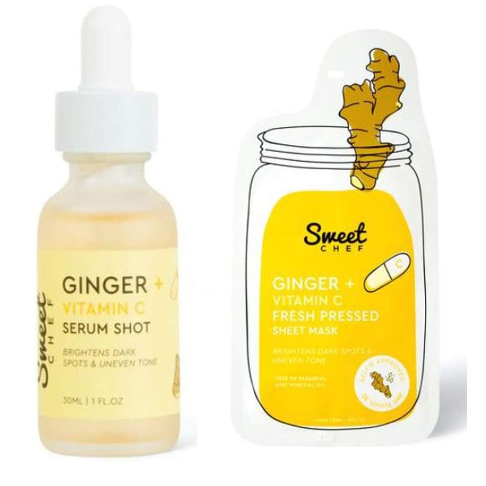 Sweet Chef Ginger + Vitamin C Facial Treatment Set! Face Serum and Sheet Mask! 1 Fl. Oz Vitamin C Serum! 2 Pack Face Sheet Mask! Brighten Dark Spot and Uneven Tone! All Natural Ingredients and Paraben