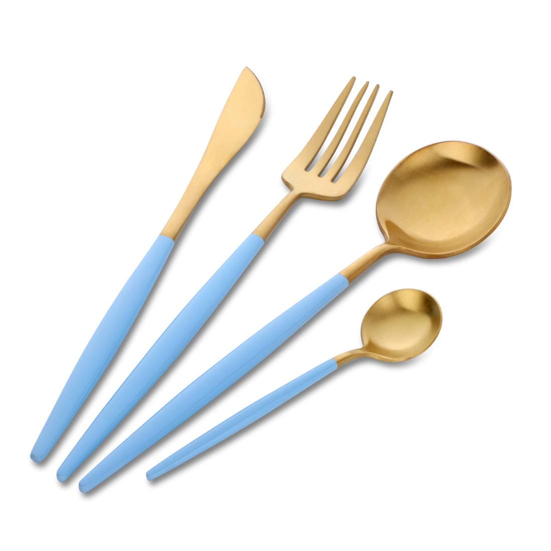 4pcs Gold Cutlery Sky Blue Handle 18/10 Stainless Steel Flatware Set Buyer Star Tableware Dinnerware Knife Fork Spoon