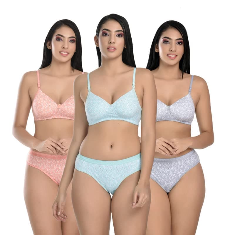 BoLeeMLingerie Set Full Coverage Padded Bra and Hipster Panty // Lingerie Set Combo (Pack of 3)