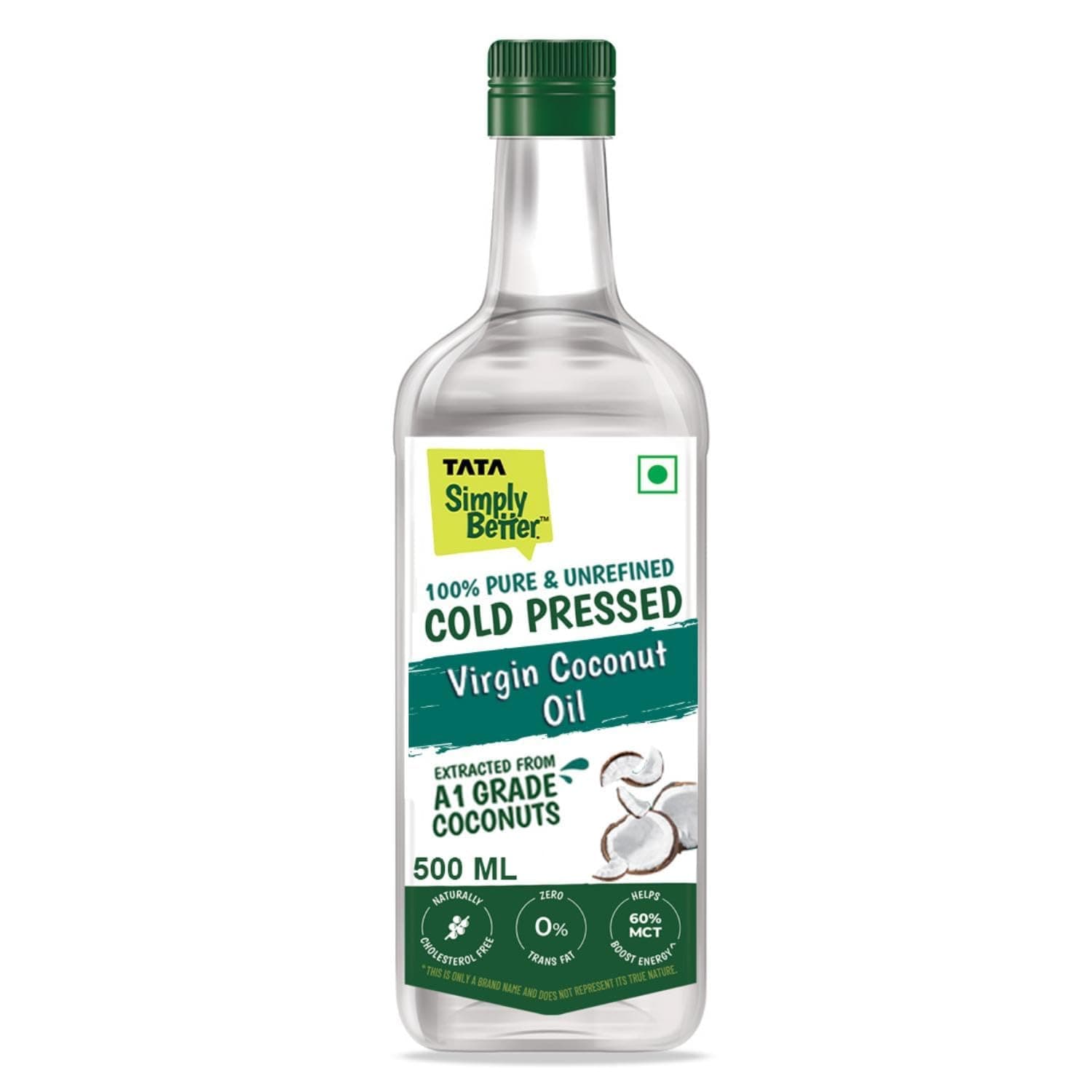 Tata Simply Better Pure & Unrefined Cold Pressed Virgin Coconut Oil,Naturally Cholesterol Free,500ml,Rich Aroma & Flavour of Real Coconuts,For Daily Cooking with Multipurpose Usage,A1 Grade Coconuts