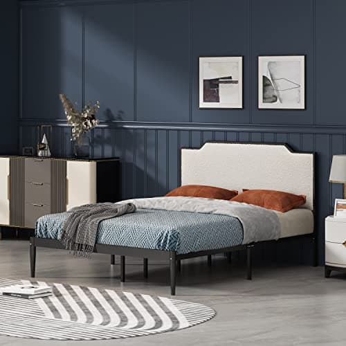 YUHUASHI Metal Platform Bed Frame, Cashmere Fabric (100% Polyester) Covered headboard, Minimalist Design, Easy to Assemble and noiseless (White, Queen (U.S. Standard))