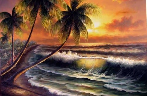 Fashion design modern Abstract Oil Painting on Canvas Wall Art Home Decoration Hawaii Sunset Beach Surf Palms Ocean (24 x 36 Inch (61 x 91 CM))
