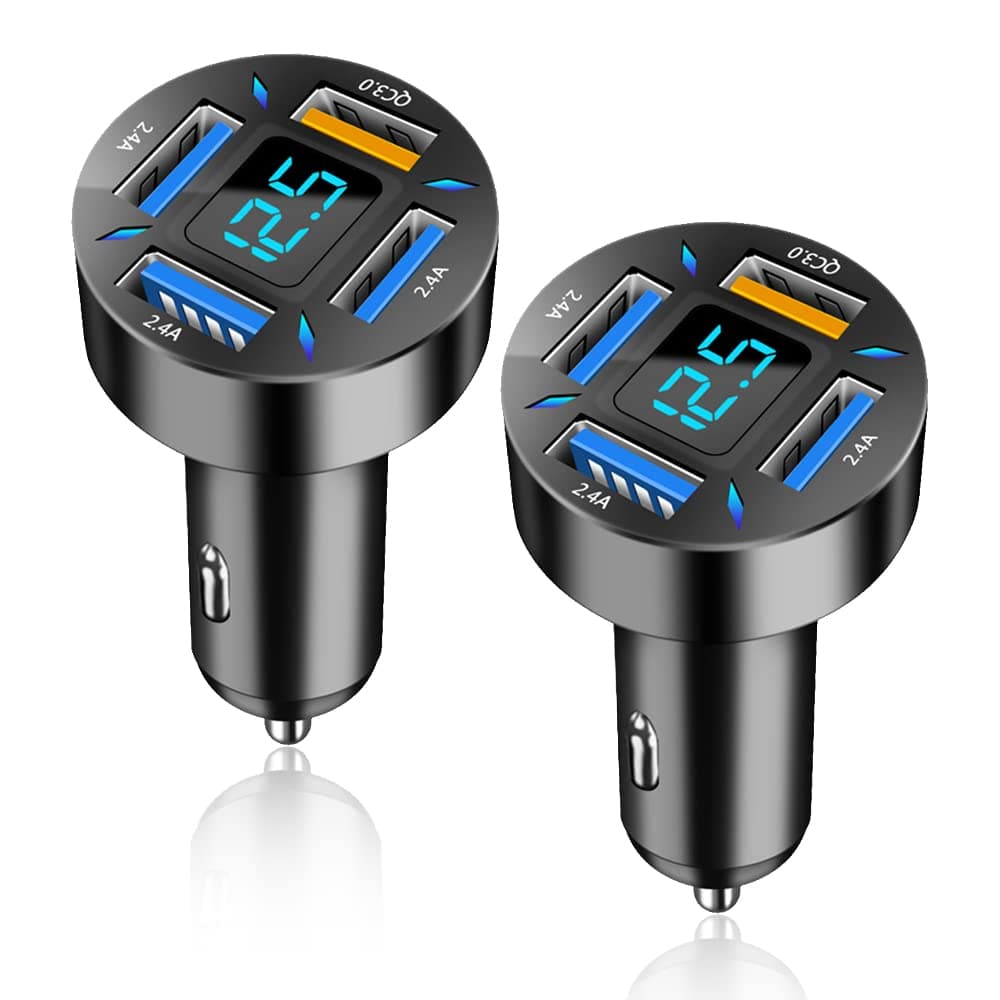 Car Charger 66W Super Fast Charging with USB 2.4A&QC 3.0(Voltmeter&LED Lights) Universal Quick Charge for 12-24V Car Cigarette Lighter Plug,Compatible with iPhone 14 13 12,S22 (2Pcs-Black-QC/2.4A)