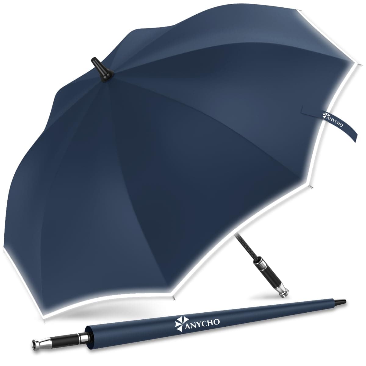 ANYCHOBig Umbrella for Men, Large Umbrella with Reflective Stripe for Women and Family, Windproof, UV Protection Auto Open Golf Umbrella Big Size for 2-4 Men (Dark Blue)