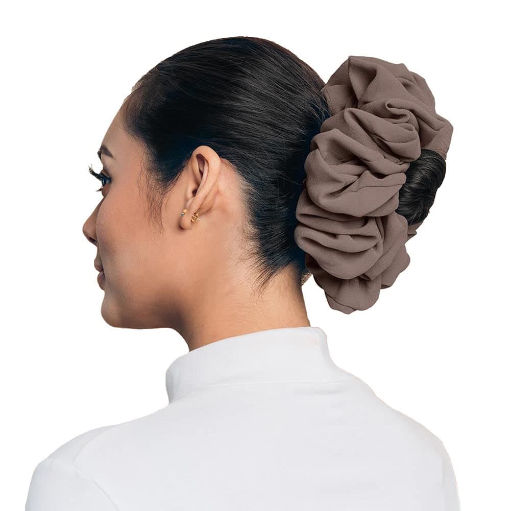 YeeMan Oversize Chiffon Scrunchy for Thick Hair,Fluffy Scrunchy Hairpiece,Donut Hair Bun Maker with Elastic Rubber Band (Dark Khaki)
