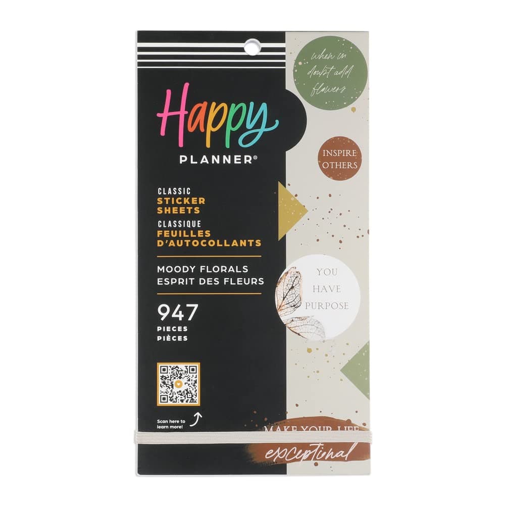 Happy Planner Sticker Pack for Calendars, Journals, and Diary Planners, Multicoloured Scrapbook Accessories, Moody Florals Theme, Classic Size, 30 Sheets, 947 Total Stickers