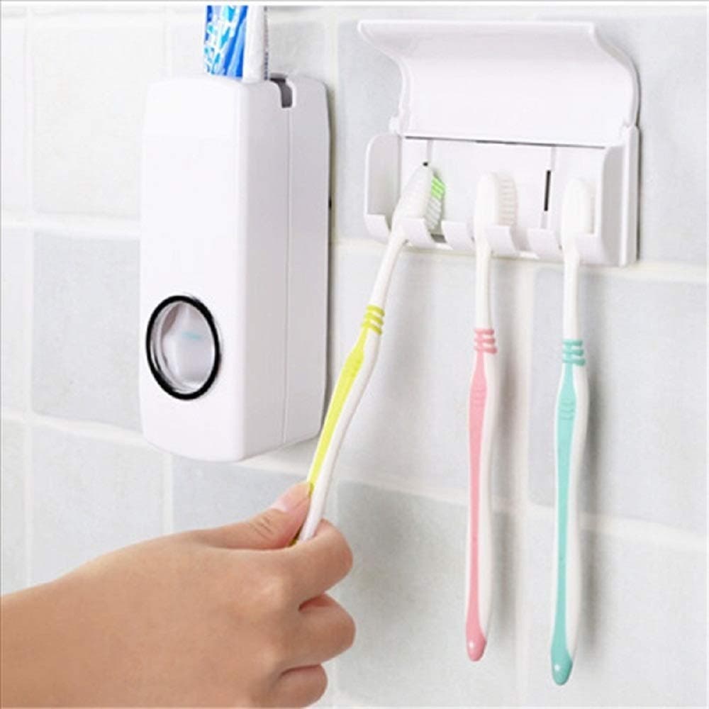 Kitchen Point Hands-Free Automatic Toothpaste Dispenser and 5-Toothbrush Holder for Home Bathroom Accessories Set
