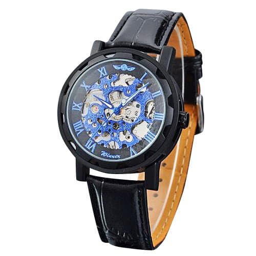 Men's Luxury Blue Dial Stainless Steel Hand Wind Skeleton Analog Mechanical Leather Wrist Watch