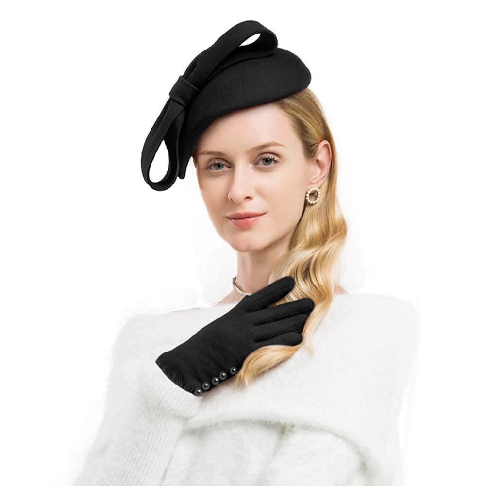 F FADVESF FADVES Wool Felt Fascinator Winter Women Pillbox Hat Bowknot Fedoras