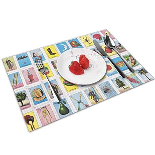 Colorful Mexican Loteria Placemats Set of 4 for Dining Table Washable Placemat Non-Slip Heat Resistant Kitchen Table Mats Easy to Clear
