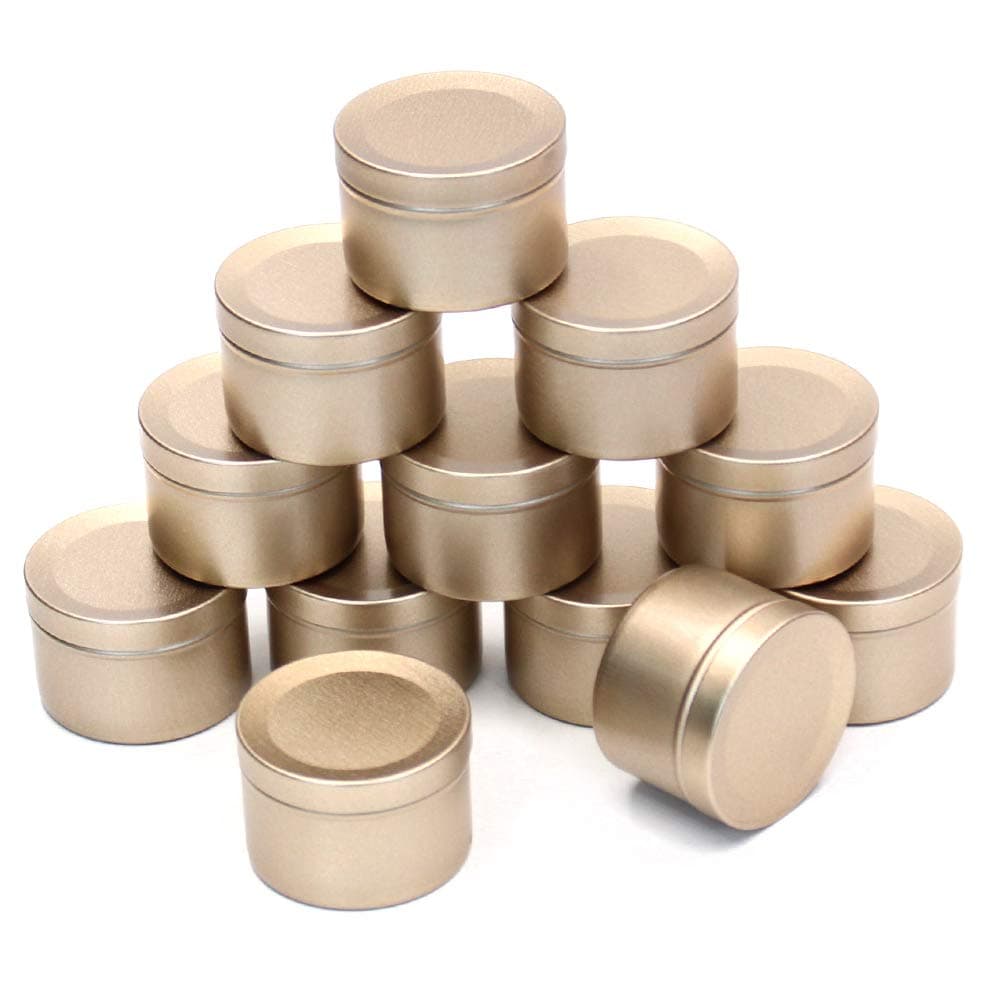 12 PCS 1.6 oz Round Gold Tins/Candle Tins, Metal Tins for Candles, DIY, Party Favors & More, Slip-On Lids Included (50ml， Frosted Gold)