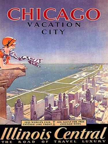 WONDERFULITEMS Chicago Vacation City 1933 World's FAIR Lake Front Illinois Central The Road of Travel Luxury 12" X 16" Image Size Vintage Poster REPRO ON Matte Paper