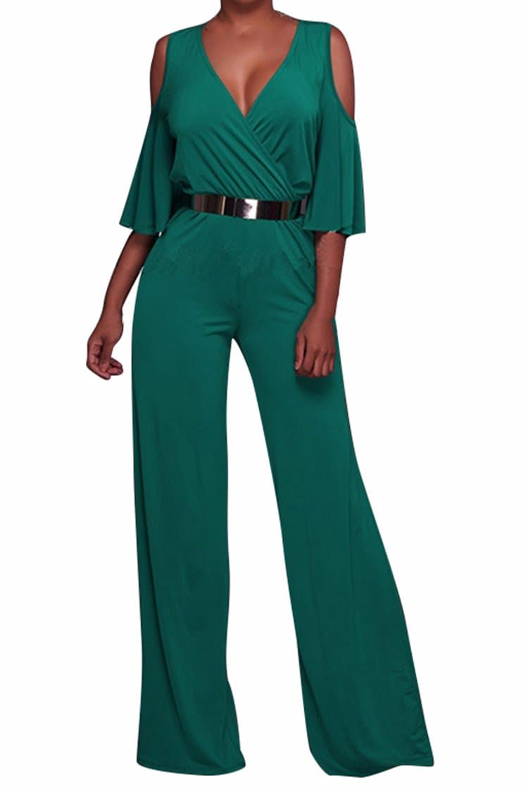 Ladies Off Shoulder Plunge V Palazzo Pants Belt Evening Rompers XL Green