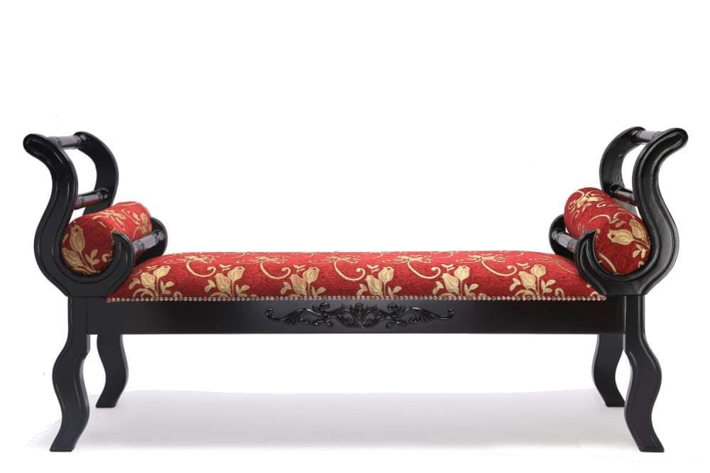 MYMQ 63" Upholstered Indoor Bench with Solid Hardwood Roll Arms Red Fabric Gold Rosettes