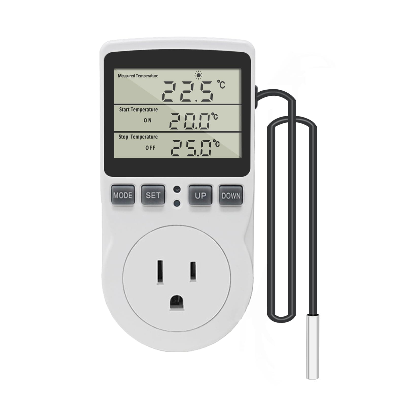 - Digital Thermostat Outlet Plug Temperature Controller Outlet Socket 120V Heating Cooling Control 110V 15A Celsius Fahrenheit Display White