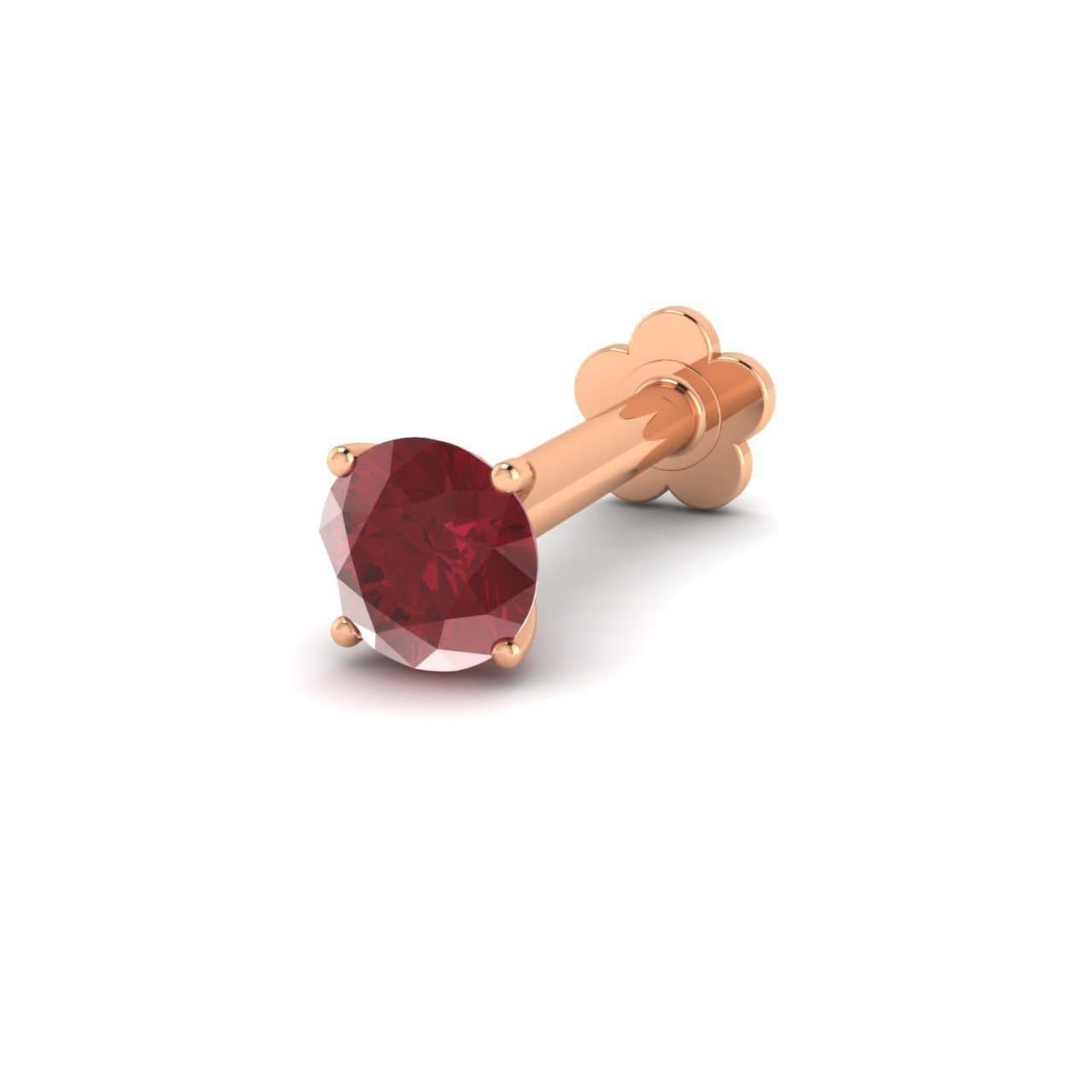 Pretty Jewellery 3MM Created Ruby Solitaire Nose Pin Lip Labret Stud Screw in 18K Solid Rose Gold