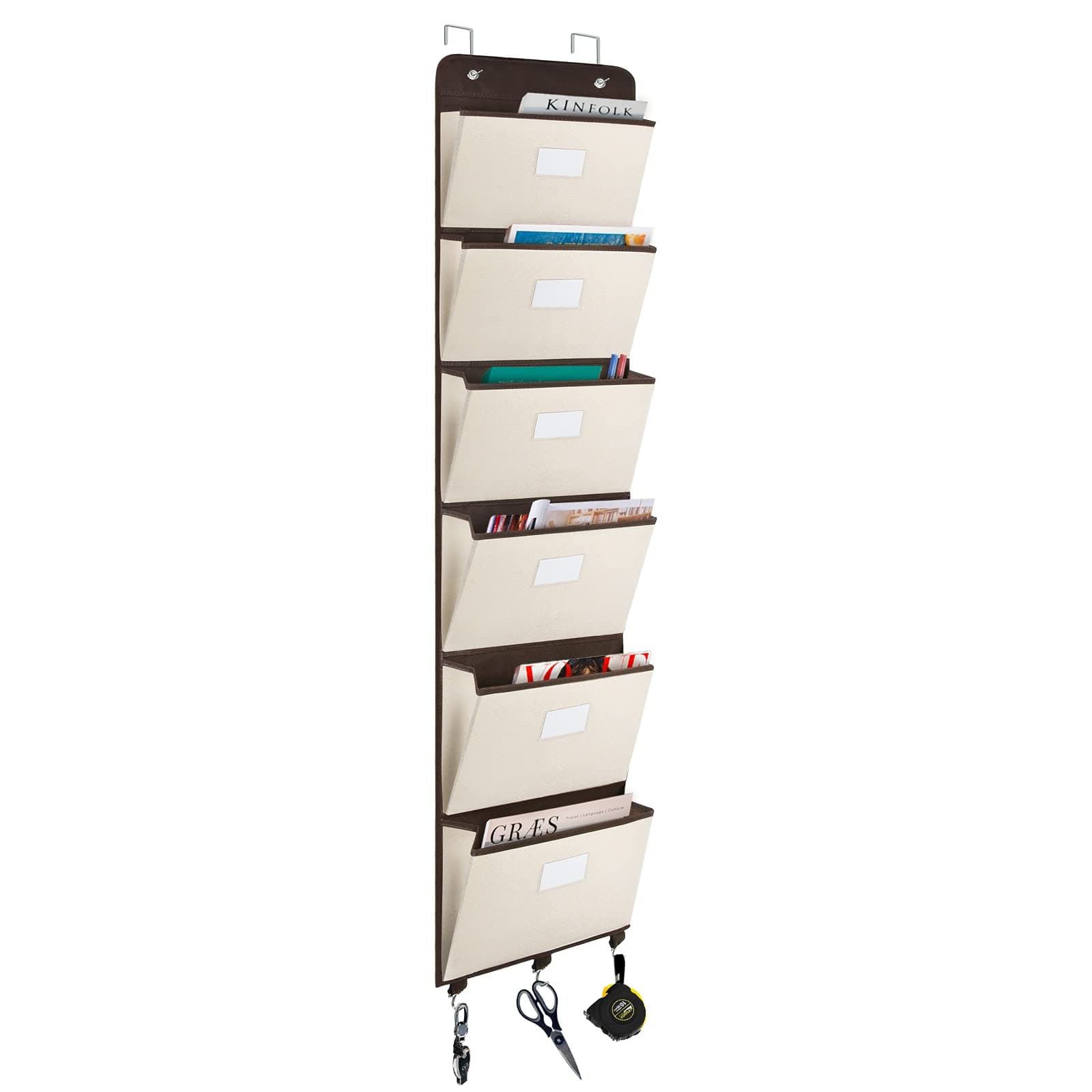 coastal rose Over The Door File Organizer, 6 Pockets Mail Organizer Holder Wall Mount Hanging File Folders Storage Organizer for Office, Home, Paper, Document, Chart(Beige)