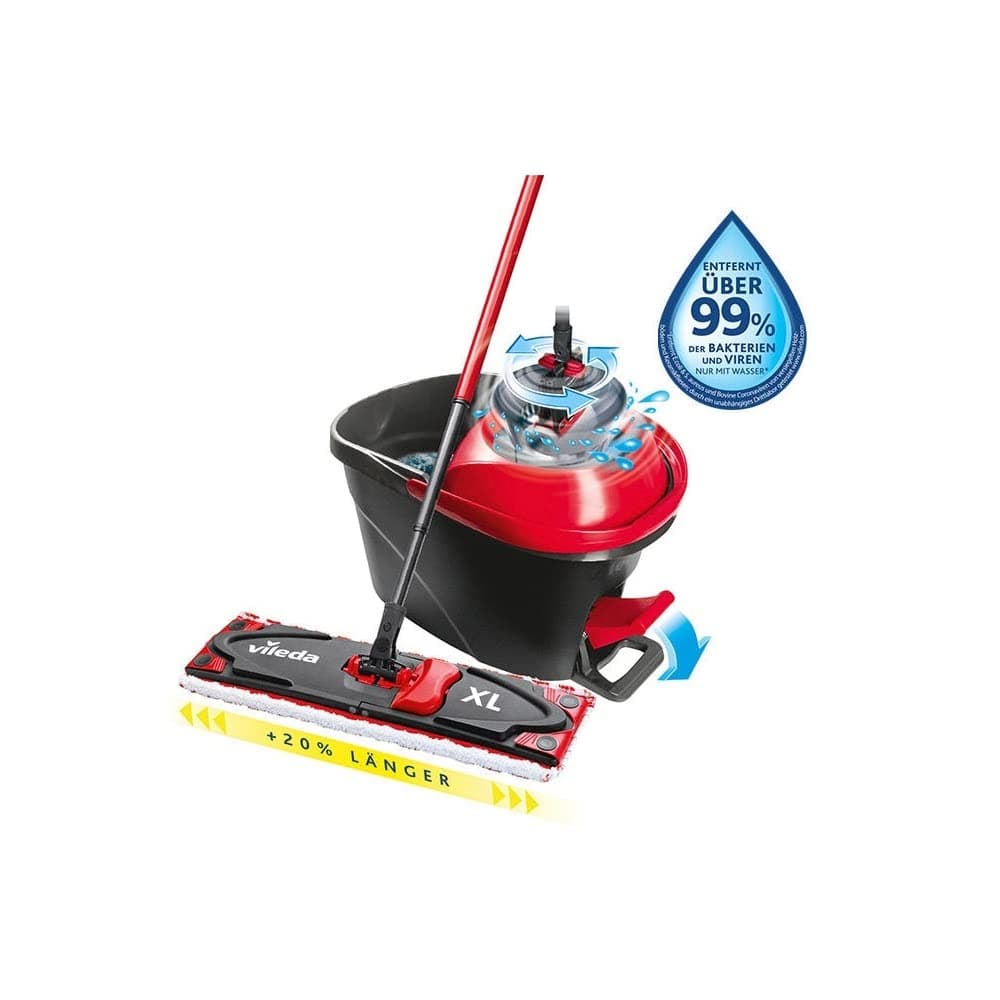 Ultramax XL Turbo 2-in-1 floor mop complete set, extra wide mop with handle, microfiber cover and bucket with power spinner, for all hard floors, wiper plate 42 cm, handle length 75-130 cm