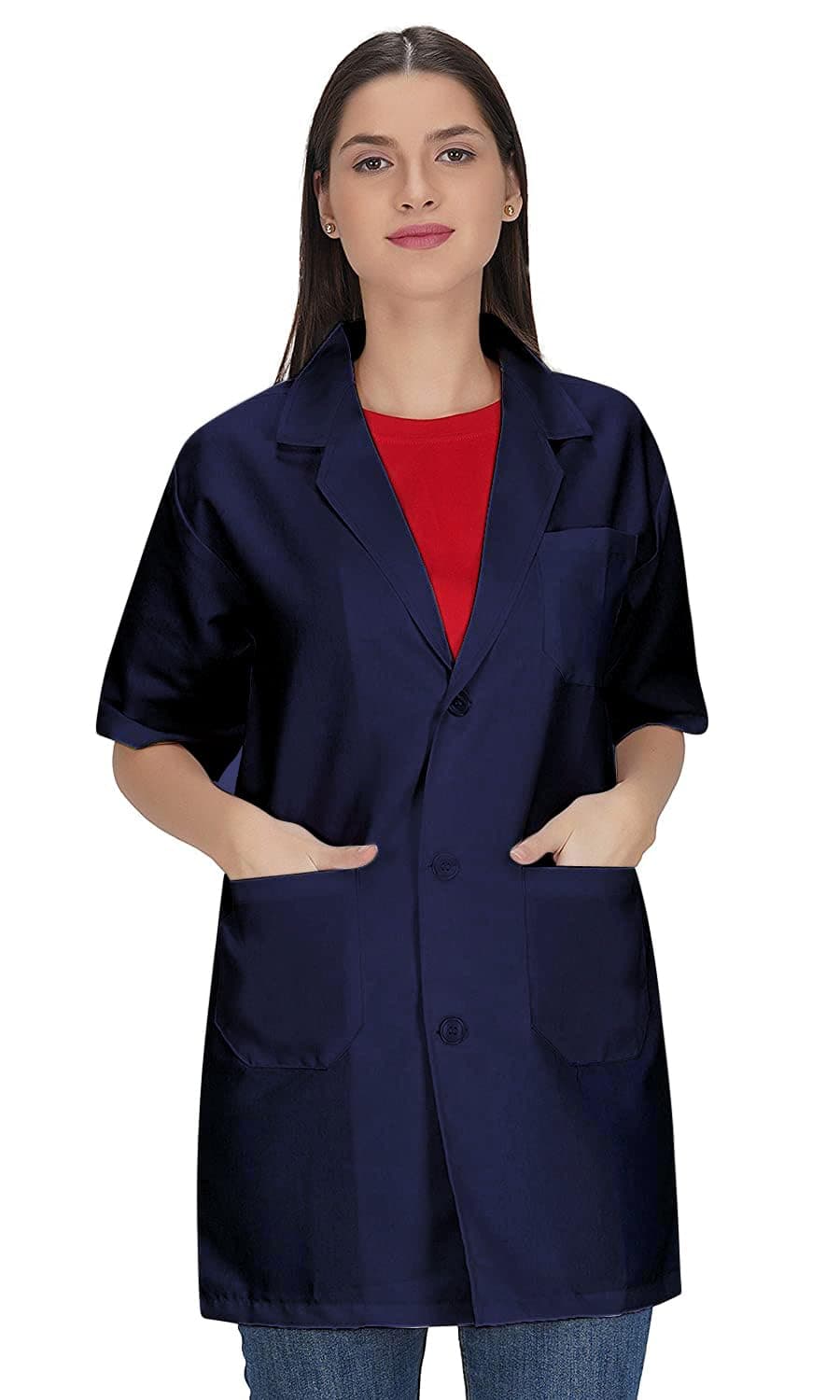Women Navy Blue Lab Coat | Poly Viscose Short Sleeves Medical Apron | 3 Pockets Apron Lab Coat, Uniform for Doctors, Nurses, Dentists | Industrial Uniform Wear