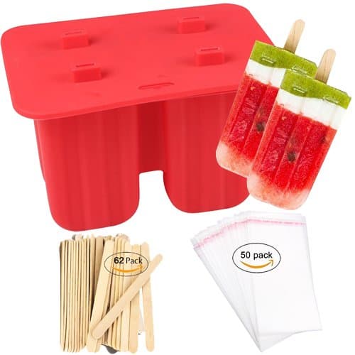 Homemade Popsicle Molds Shapes, Food Grade Silicone Frozen Ice Popsicle Maker-BPA Free, with 62 Popsicle Sticks 50 Popsicle Bags(4 Cavities)