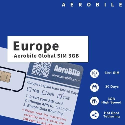 Aerobile Europe Data SIM Preloaded 3GB 30Days. Hot Spot Tethering. No Registration Required US Seller