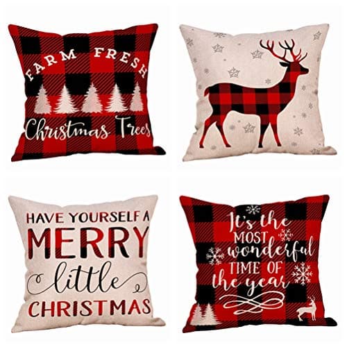 4 Pack Farmhouse Christmas Red Black Buffalo Plaids Throw Pillow Case Have Yourself A Merry Little Christmas Quotes Deer Snowflake Xmas Trees Holiday Decorative Cushion Cover Cotton Linen 18x18 Inch