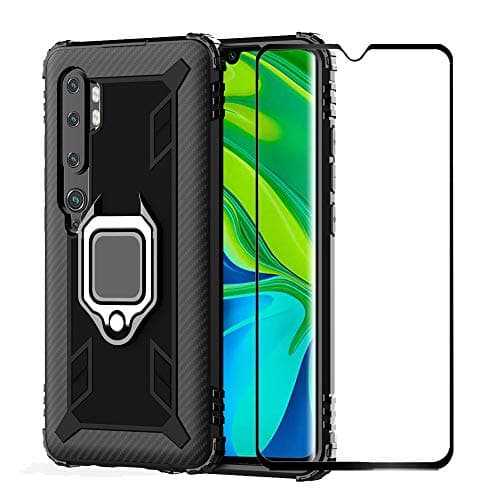 FaDream for Xiaomi Mi Note 10 / Note 10 Pro/Mi CC9 Pro Case, Shockproof and Drop-Resistant Soft TPU Magnetic Ring Bracket Protective Cover with Tempered Glass Screen Protector (Black)