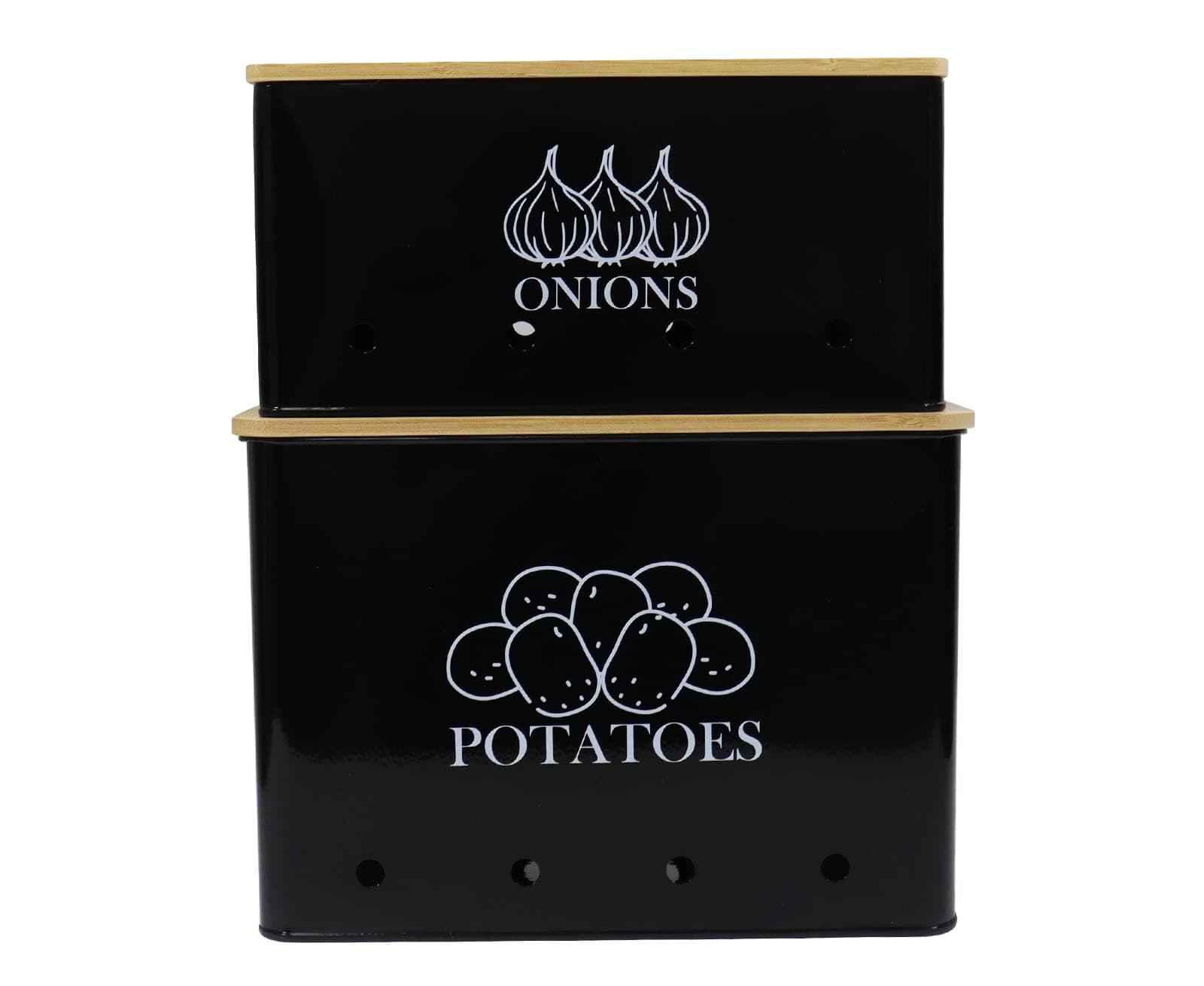 Potato Onion Kitchen Storage Canisters,Storage Bin For Kitchen 2 Pack Set,potatoe, Potato Storage Box,storage And Long Shelf Life With Aerating Tin Storage Holes-Black
