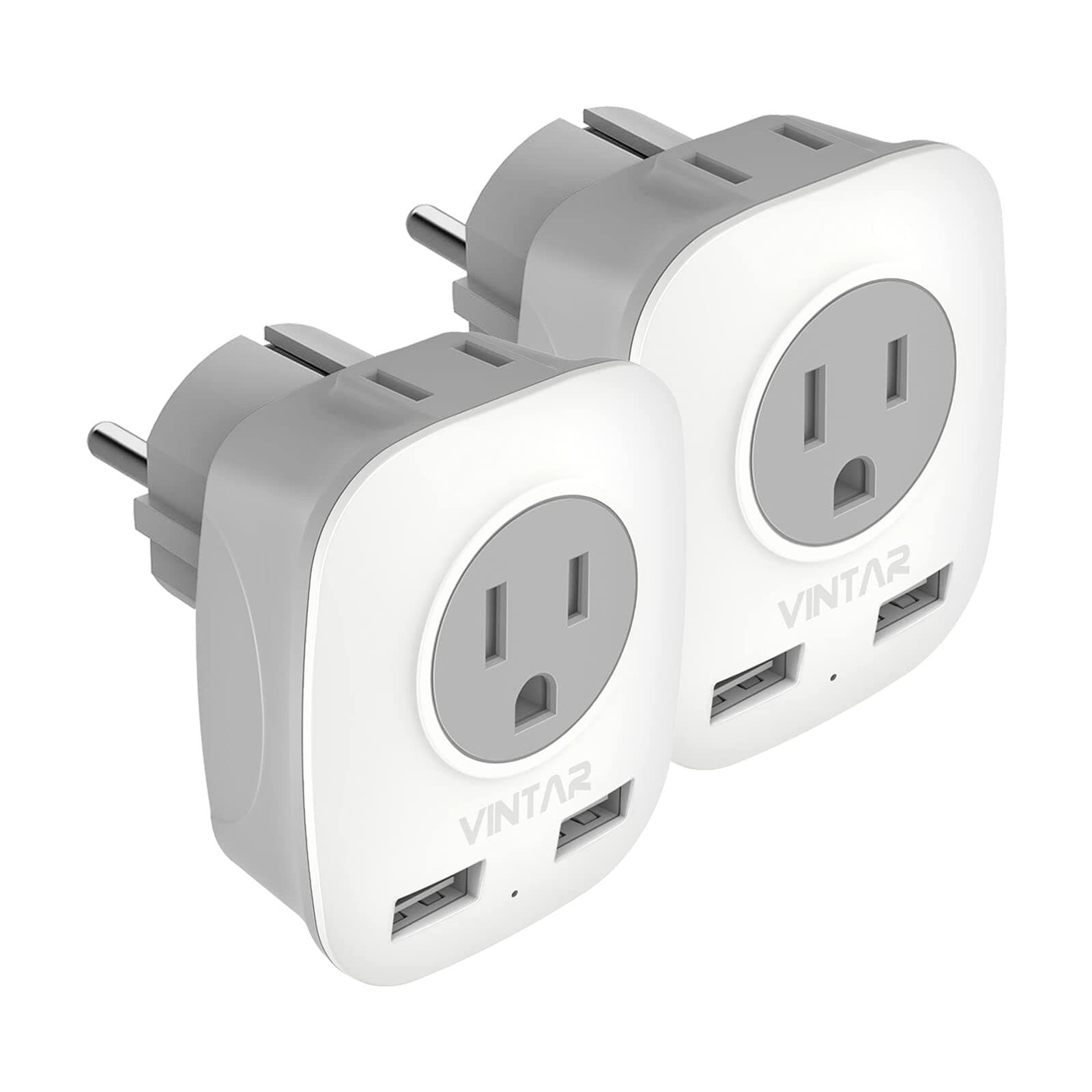 2 Pack Type E/F Germany European Travel Adapter,VINTAR Schuko International Power Plug with 2 USB and 2 Outlet,US to Most of Europe EU German French Russia Iceland Spain Greece Norway