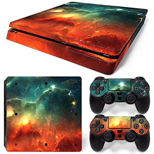 ZOOMHITSKINSZOOMHITSKINS PS4 Slim Skins, Sky Cloud Orange Green Aqua Galaxy Planet Yellow Universe Space, Durable, Bubble-Free Goo-Free,Cover Set of 2 Controller Skins 1 Console Skin, Made in USA
