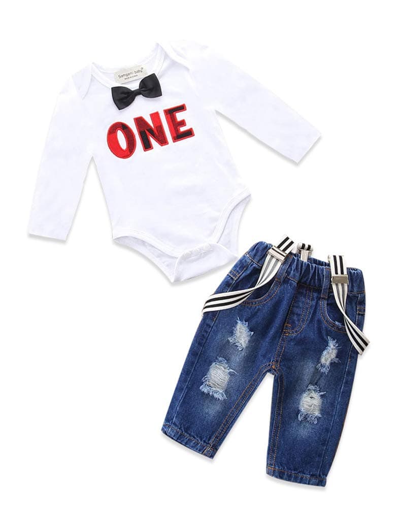 PinleckToddler Baby Boy Birthday Clothes Set Bowtie Romper Suspenders Ripped Denim Pants Outfits