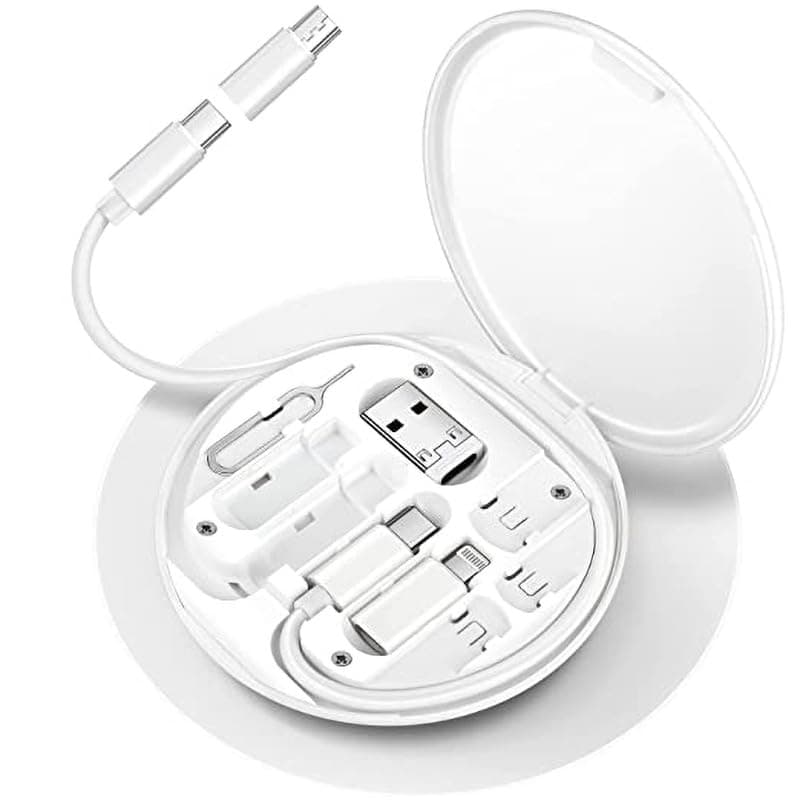 Multifunctional Data Cable Storage Box Adaptor for USB-C and Micro-USB Devices Universal Data Transfer Cable (White)