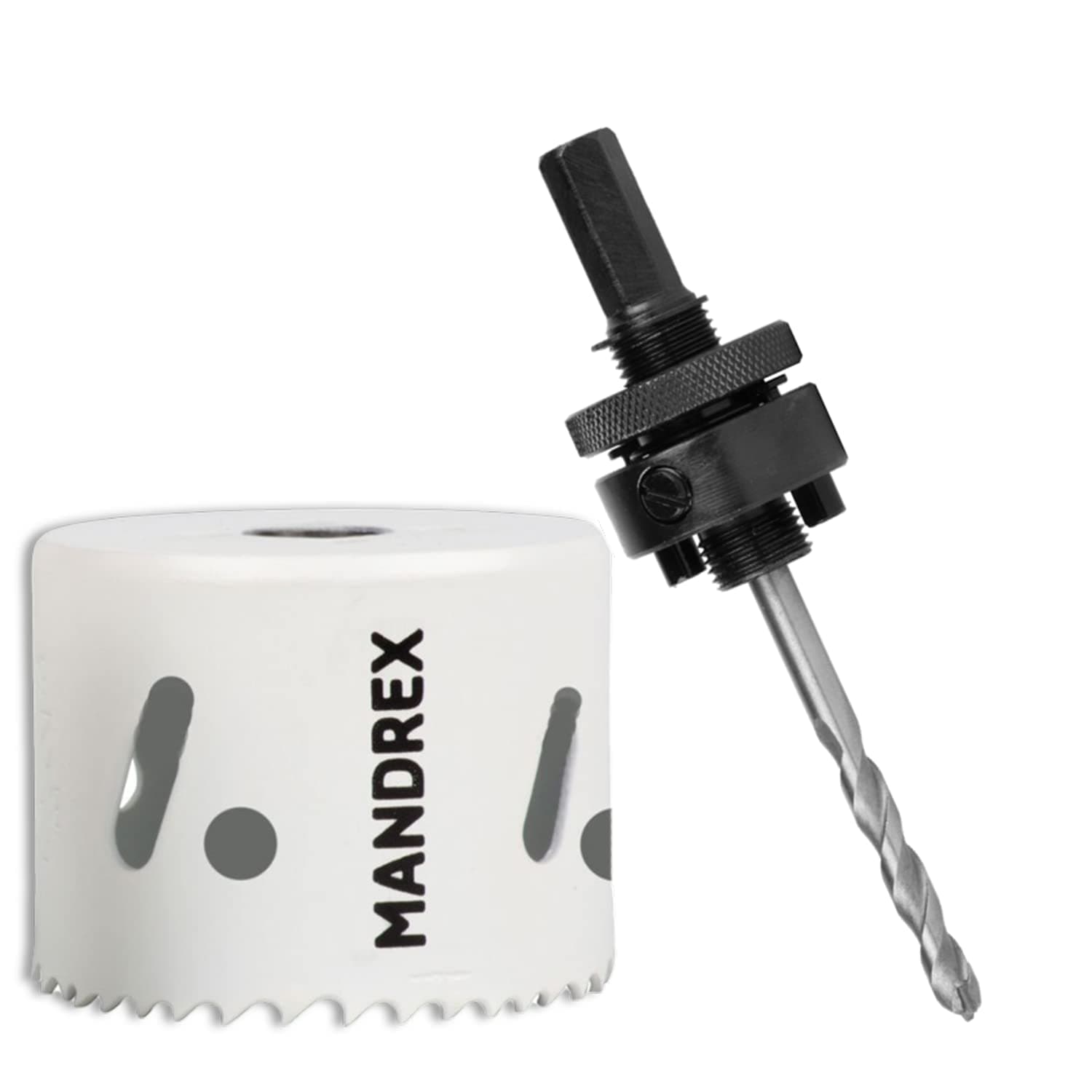 Mandrex Bi-Metal Hole Saw SpeedXcut 8% Cobalt Alloy & 45 mm Cutting Depth for Stainless Steel, Aluminium & Epoxy Resin MHB40033B+MX200081HSB Diameter 33 mm