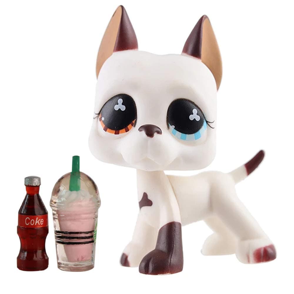 Junior Pet Shop lps Great Dane 577, lps Great Dane White Body Brown Spots with Two Different Eyes with lps Accessories Coke Drink Kids Gift