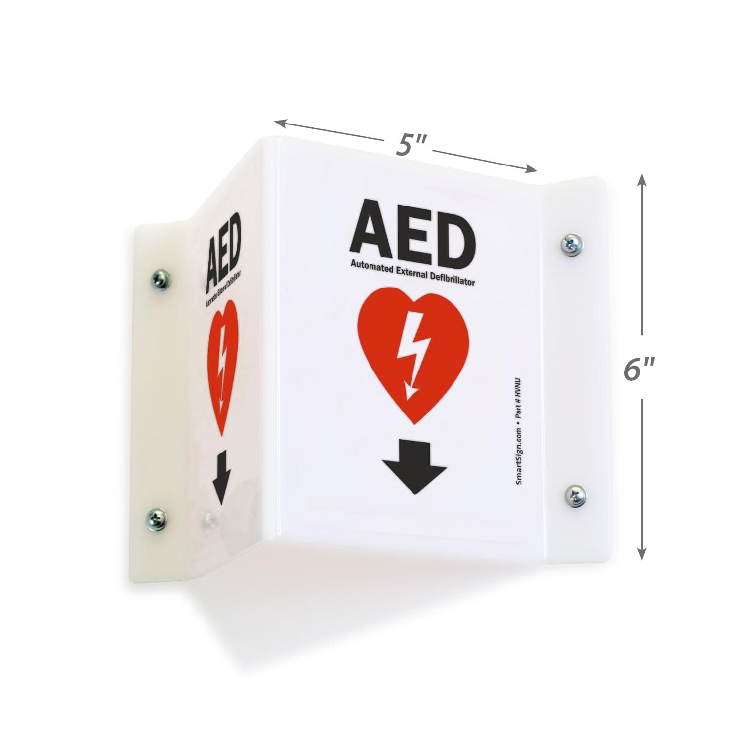 SmartSign (2-Pack) AED Projecting Sign with Down Arrow - 5" x 6", Two-Sided Wall Mount Polished Acrylic Corridor V-Sign, Red, White and Black