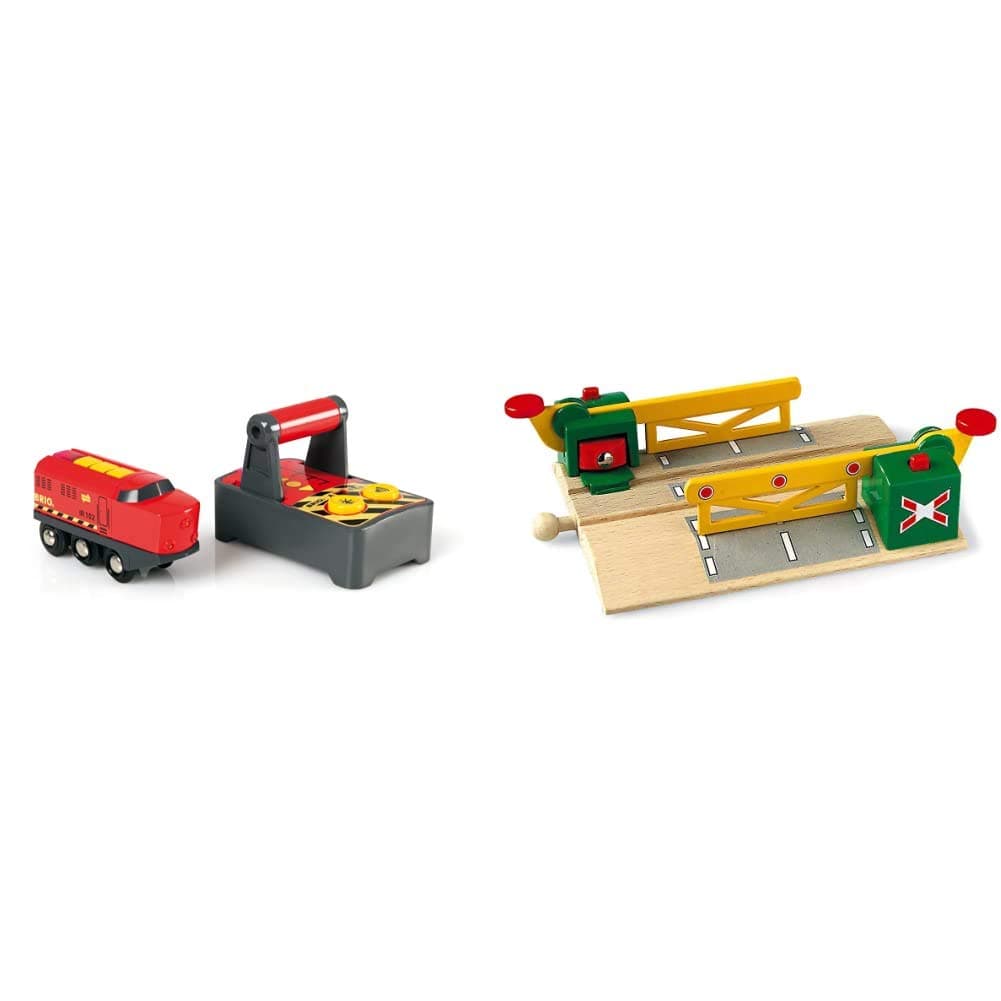 BRIO World - 33213 Remote Control Train Engine | 2 Piece Train Toy for Kids Ages 3 and Up & World - 33750 Magnetic Action Crossing | Toy Train Accessory for Kids Ages 3 and Up