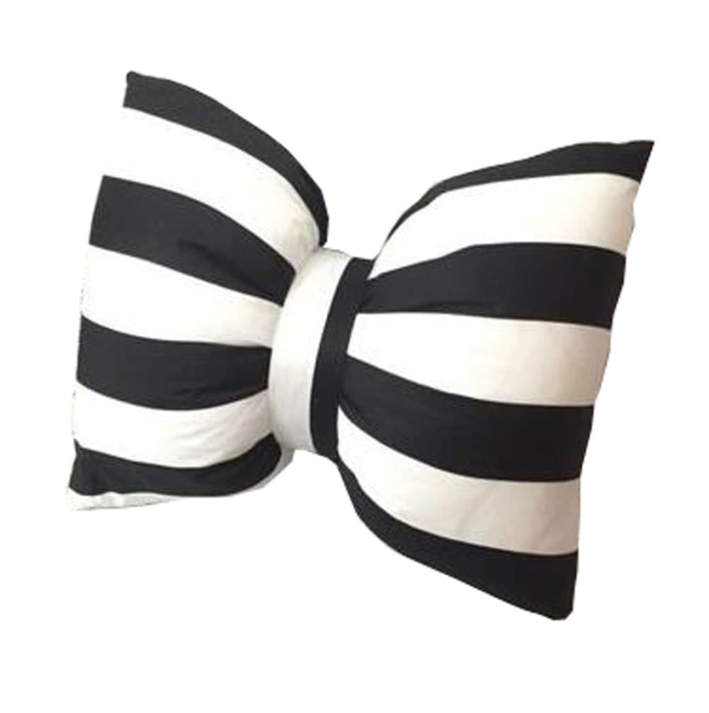 Stripe Hand Made Cotton Bow Pillow Car Neck Pillow Sofa Office Waist Pillow Detachable Wash (M, Thick Black and White)