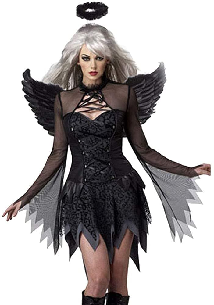 Fallen Angel Dress Costume Halloween Carnival Fancy Dark Angel Devil Fairy Wings Costume Dresses Skirt Women Black Mysterious Lace Sexy Vampire Cos Uniform