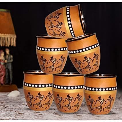 Traditional Warli Painting Terracotta Kullad Tea Cups, Kulhad chai Cups, Set of 6 Pieces,. 220 ml, Assorted Design