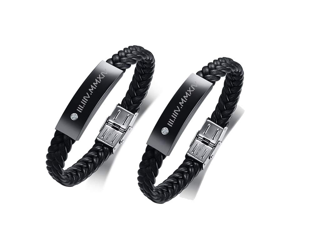 PJ JEWELLERYPersonalised Black Stainless Steel ID Message Braided Leather Bracelets Jewelry for him,Custom Men Bracelet