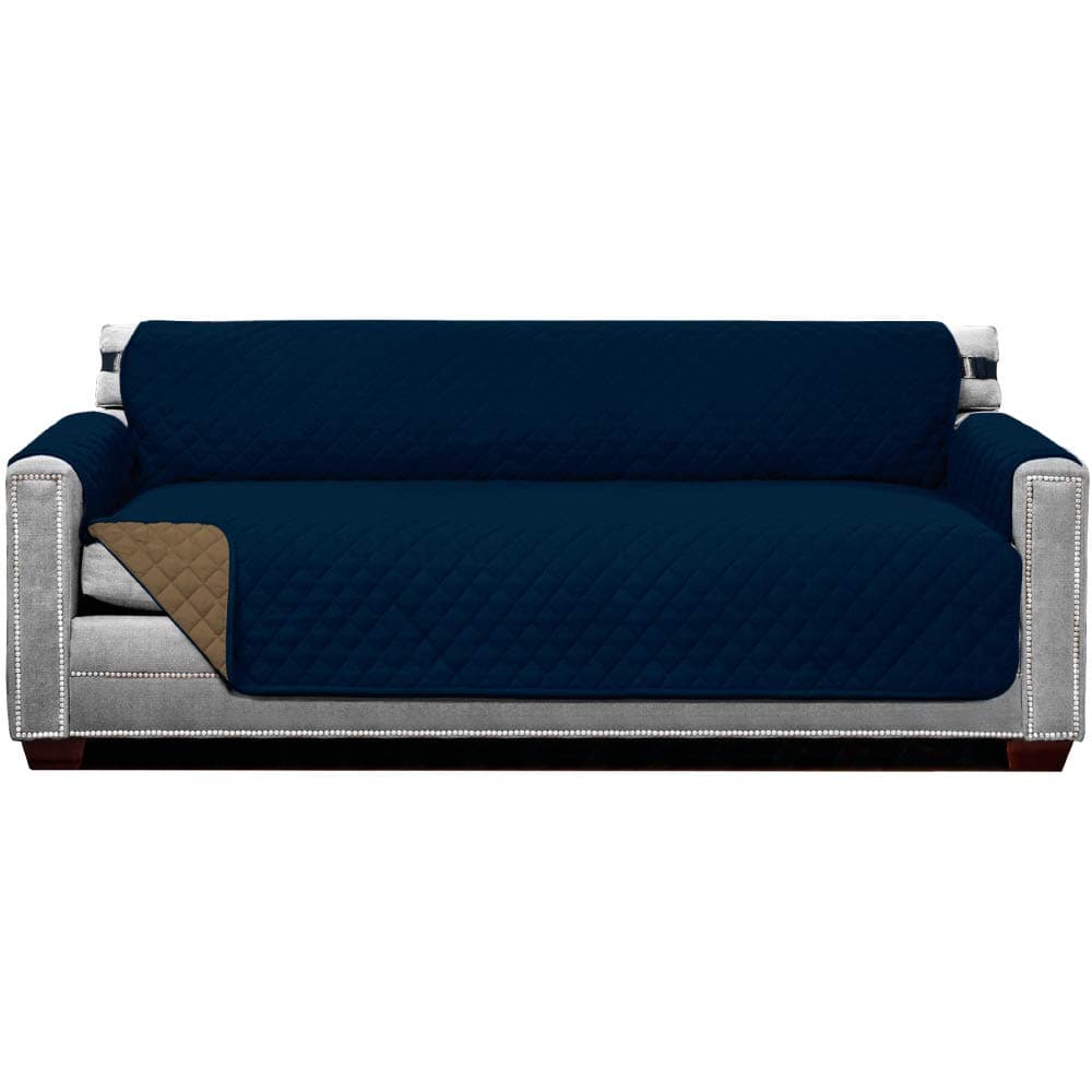 Sofa Shield Original Patent Pending Reversible X-Large Oversized Sofa Protector for Seat Width up to 78 Inch, Furniture Slipcover, 2 Inch Strap, Couch Slip Cover Throw for Dogs, Pets, Sofa, Navy Sand