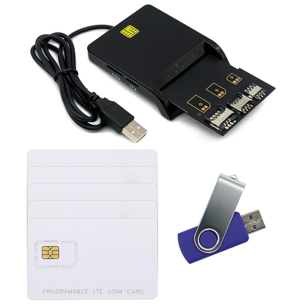 SIM Card Reader Kit, Includes 1 Reader + 5 Programmable USIM Cards + 1 Adapter + GRSIM Software, USB Interface, Compatible with PC, Smartphone & Tablet