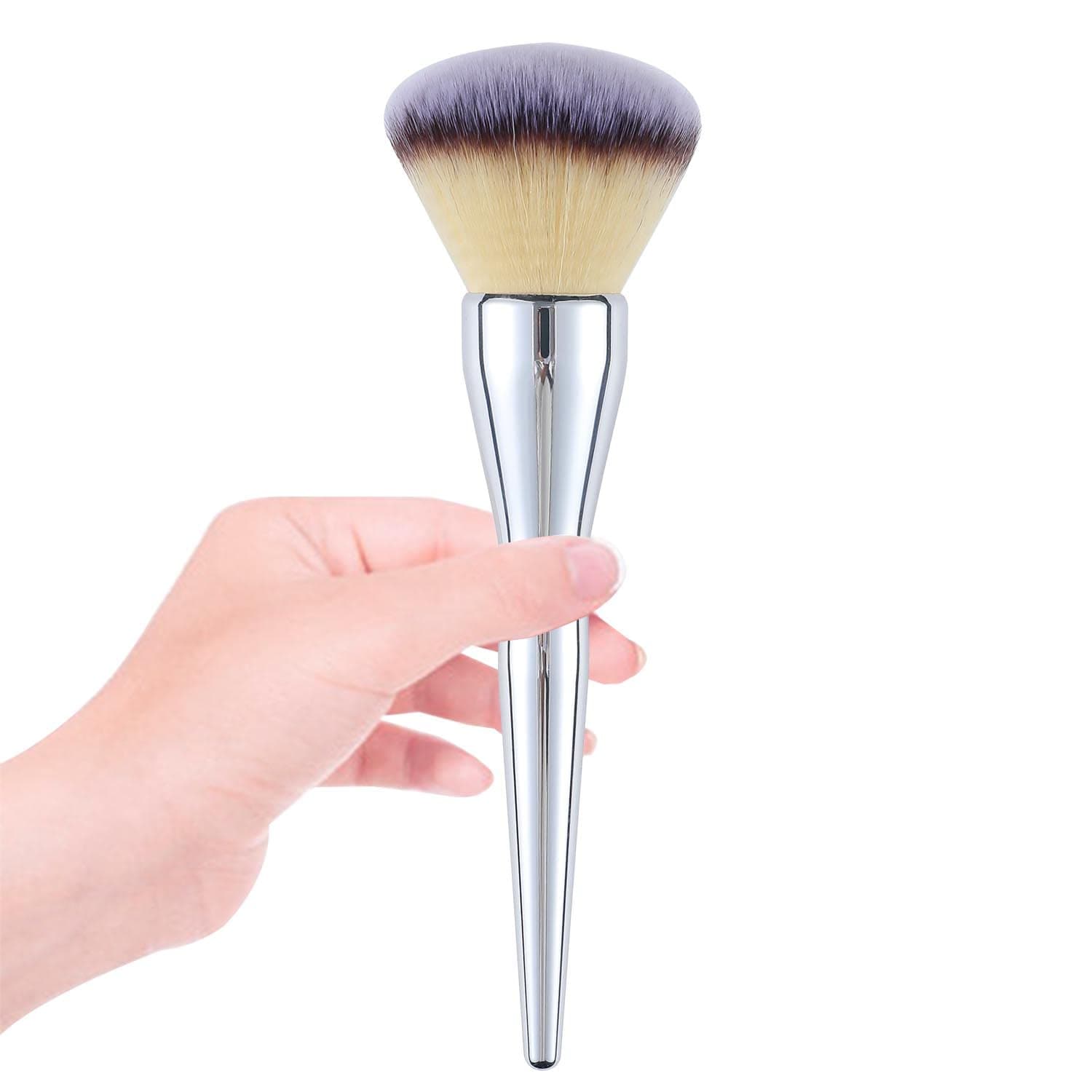 GLO&RAY Silver Powder Brush Large Foundation Brush for Face Powder, Blush, Bronzer - Vegan Synthetic Bristles, Aluminum Ferrule, Plastic Handle