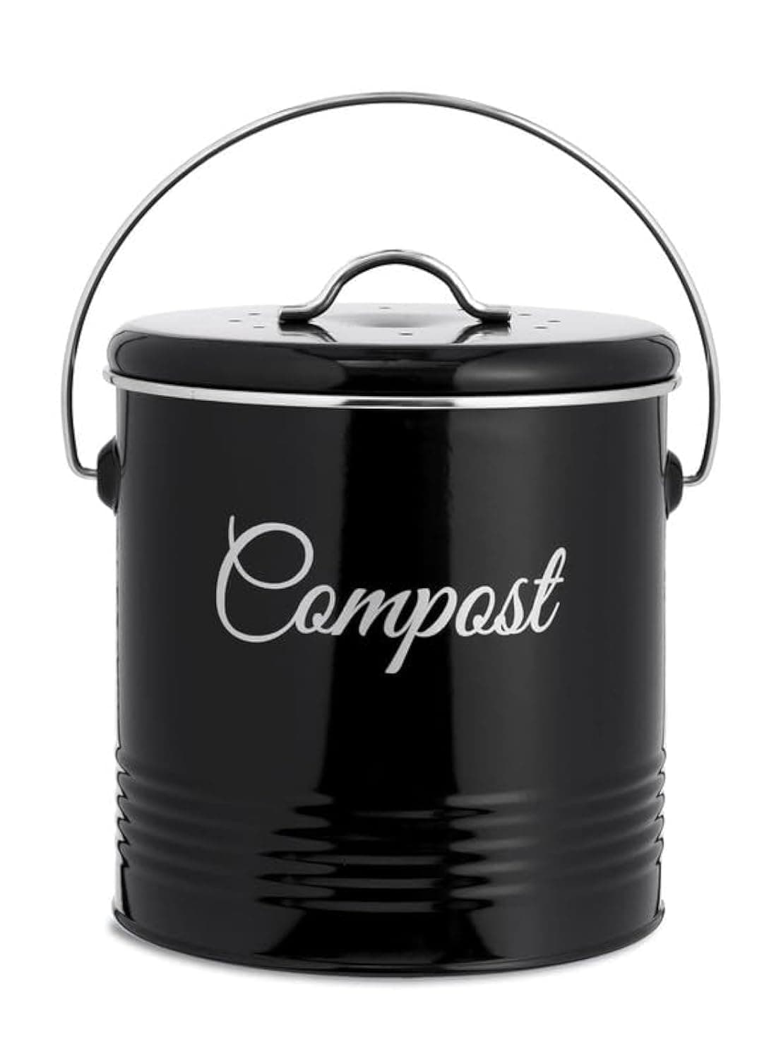 Innoteck 3.6L Kitchen Compost Bin with Charcoal Filters, Metal Countertop Composting Bucket with Lid & Carry Handle for Indoor Food Waste Recycling – Black Retro Compost Container